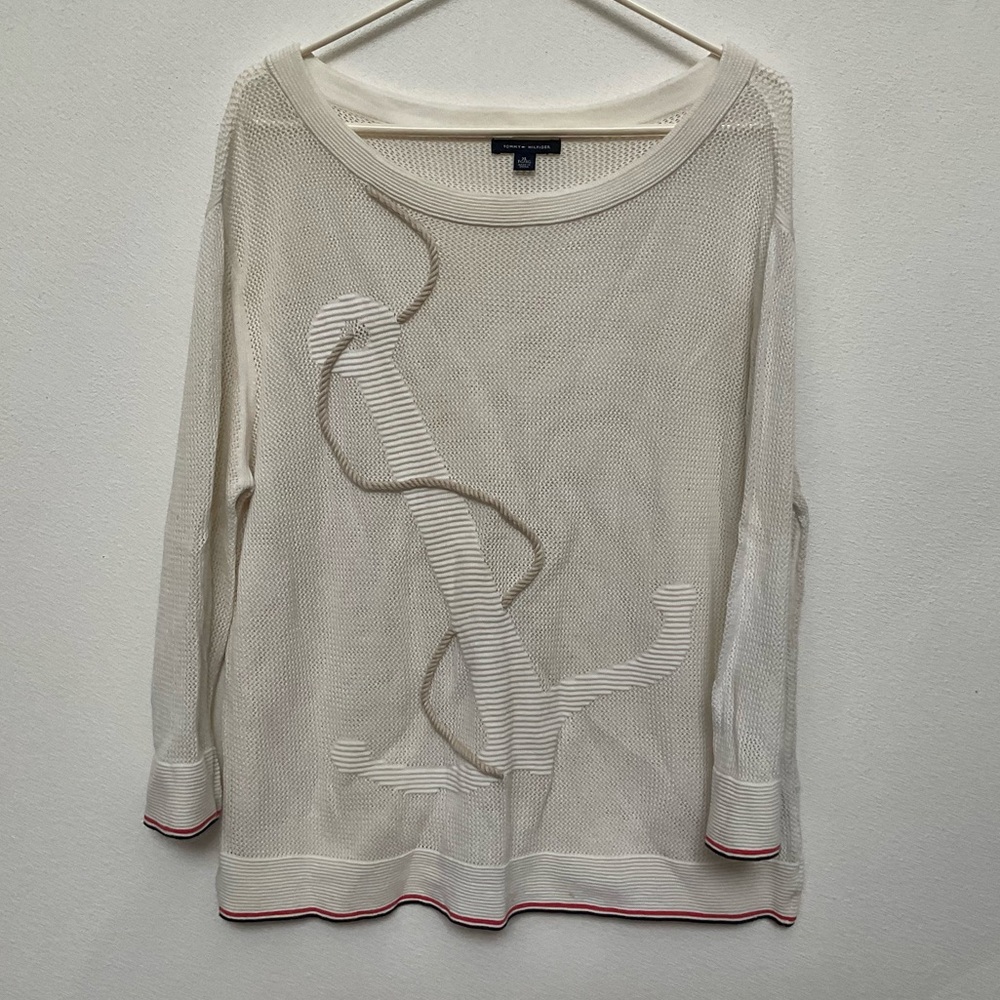 Tommy Hilfiger Cream 3D Anchor Long Sleeve Knit Top Size XL Preppy Nautical